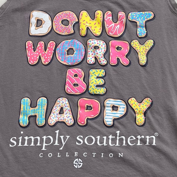 Simply Southern Tank Top “Donut Worry Be Happy” Tee | Grey/Multi | S - Picture 6 of 12